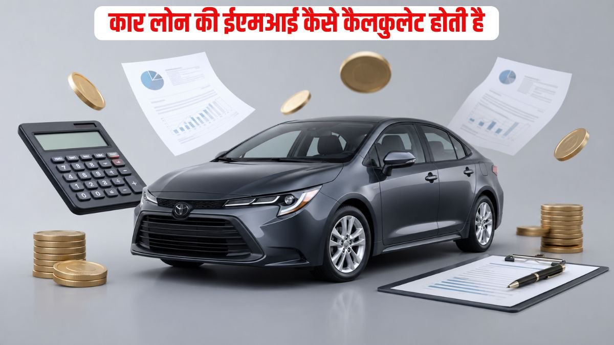 Car loan EMI calculation concept with car, calculator and finance elements