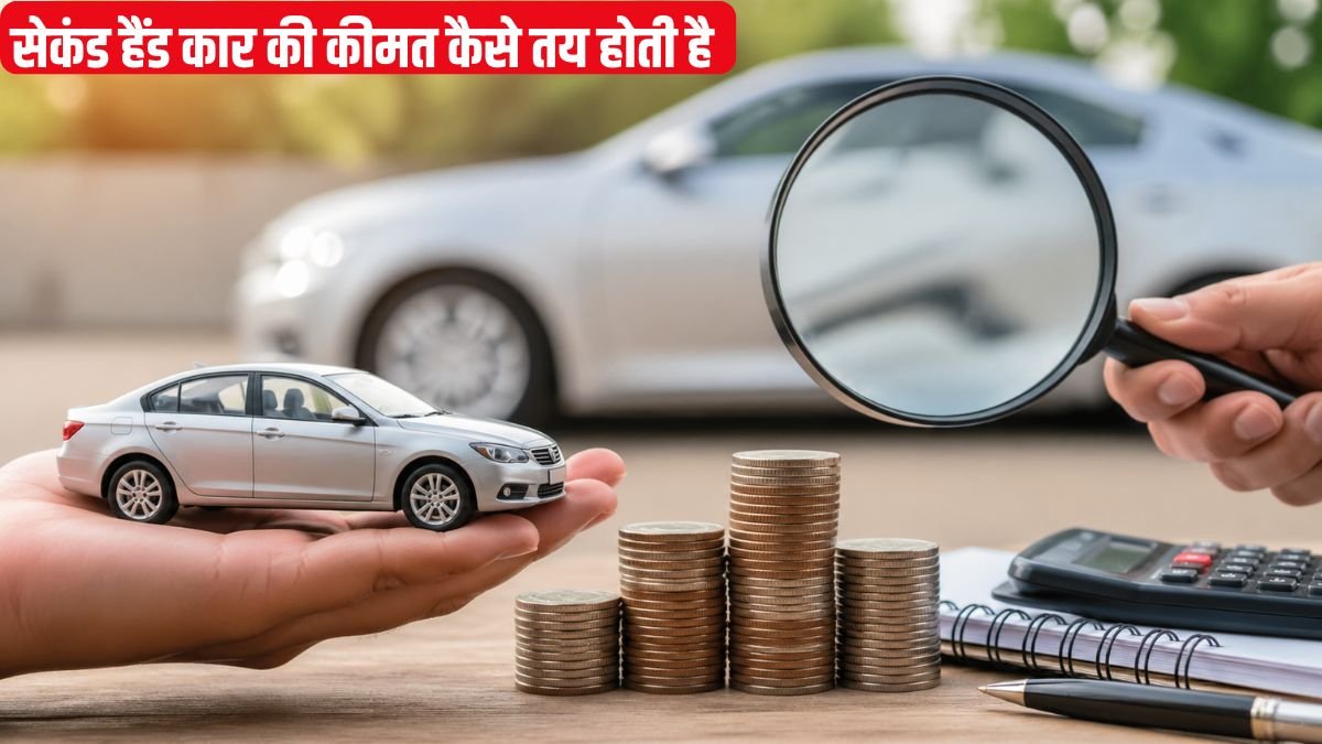 Second hand car price calculation concept with model car, coins, calculator and magnifying glass