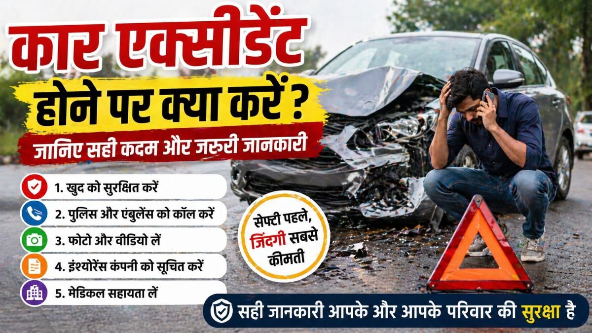 Car accident scene with damaged car and man showing what to do after accident