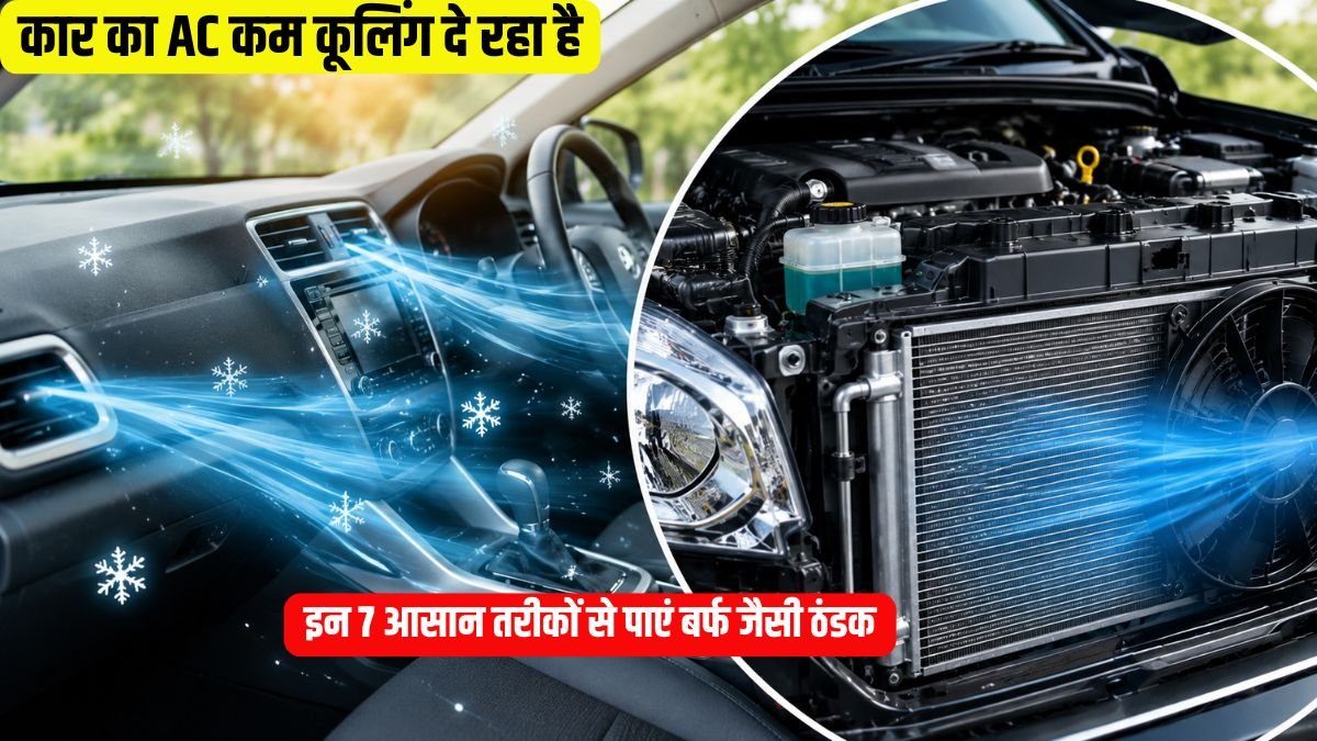 Car AC cooling system with dashboard airflow, mechanic inspection and radiator maintenance