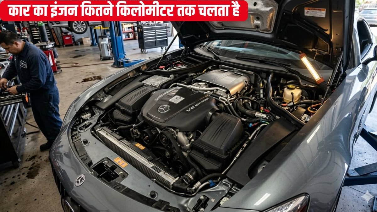 Professional mechanic inspecting a modern car engine with detailed engine components and high mileage dashboard in automotive workshop