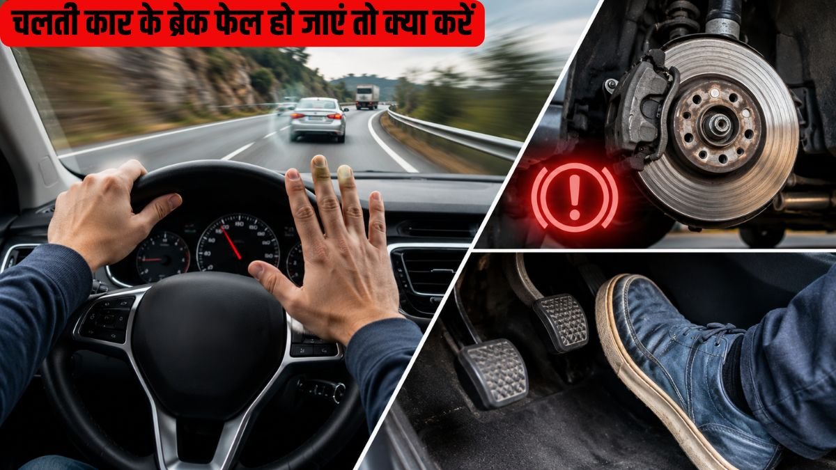 Driver handling car brake failure emergency while driving on highway with warning brake system